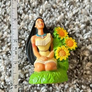 Vintage Disney Pocahontas Mini Rubber Toy Figure Sitting with Sunflowers